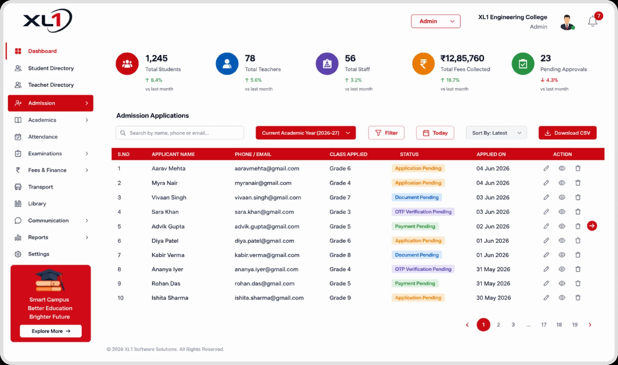 College ERP and LMS course dashboard
