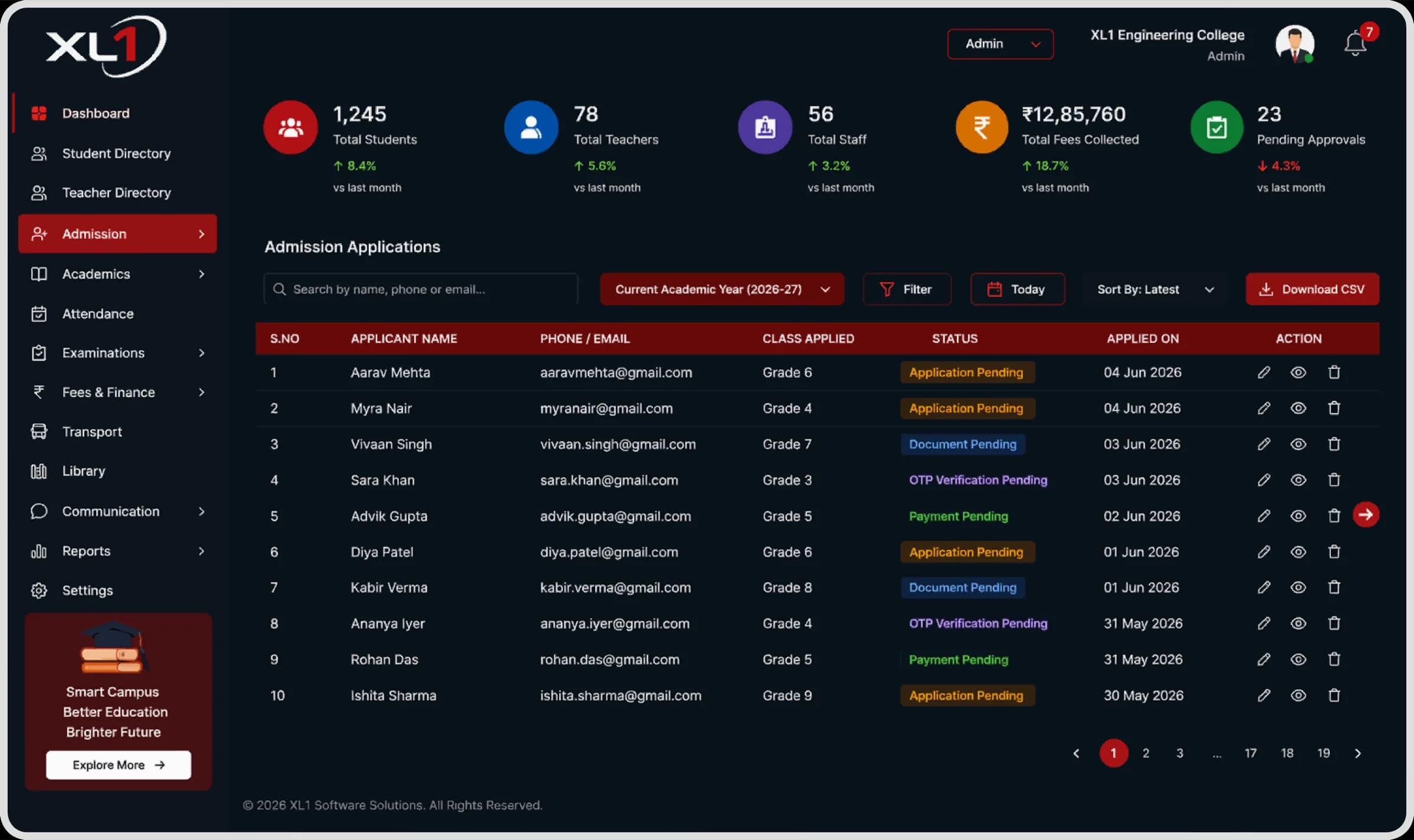 College ERP and LMS course dashboard